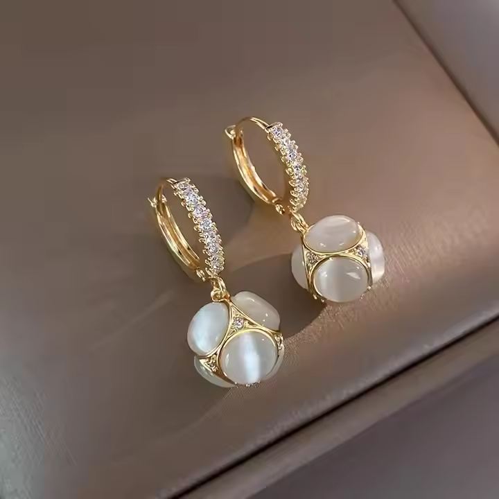 14K Gold Plated Cat Eye Stone Earrings • Women Imitation Pearl Fashion Jewelry