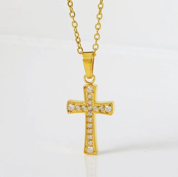 Gold Cross Necklace • Stainless Steel • Zircon • 45cm Chain • Holiday Gift Box