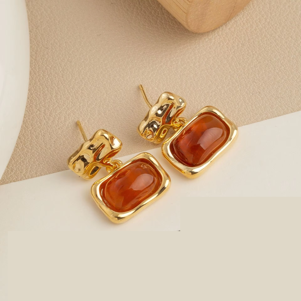 Amber Resin Geometric Earrings • Square Shape • Vintage Trendy Jewelry for Women