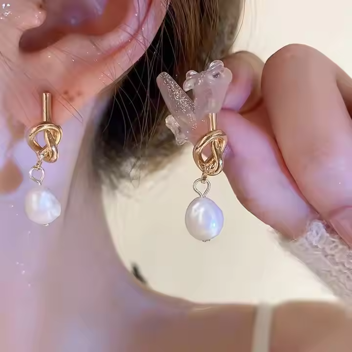 Geometric Knotted Pearl Stud Earrings • Elegant Imitation Pearl Women Jewelry