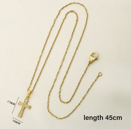 Gold Cross Necklace • Stainless Steel • Zircon • 45cm Chain • Holiday Gift Box