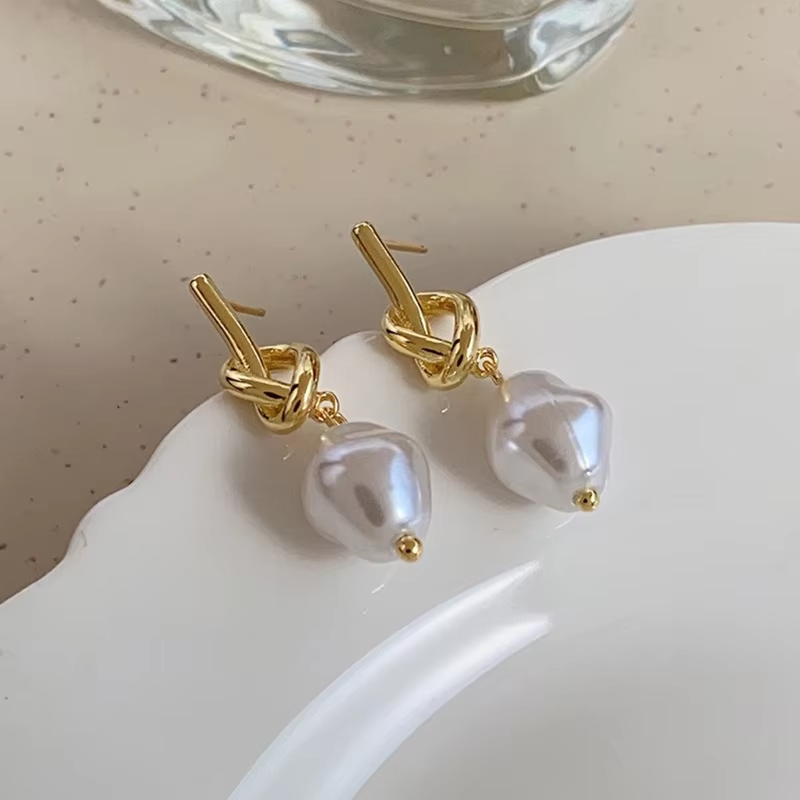 Geometric Knotted Pearl Stud Earrings • Elegant Imitation Pearl Women Jewelry