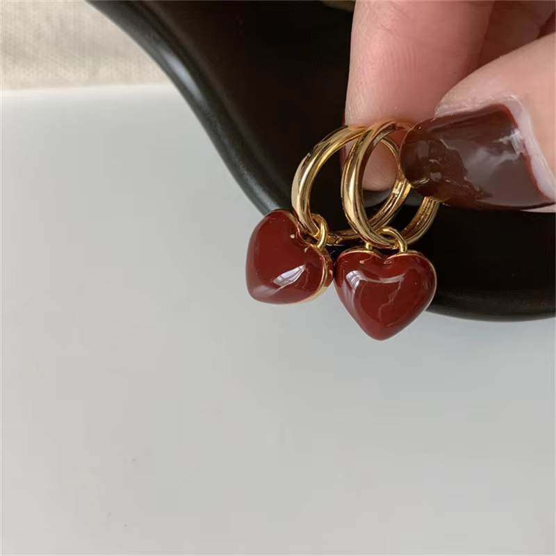 Wine Red Heart Dangle Earrings • Gold Circle Drop • Love Design for Women