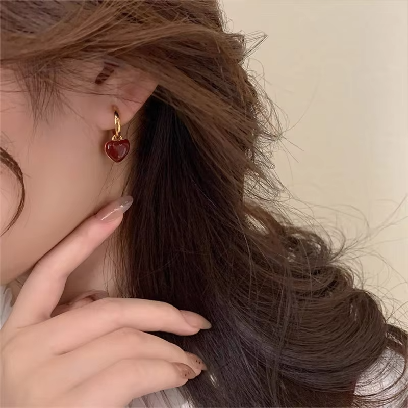 Wine Red Heart Dangle Earrings • Gold Circle Drop • Love Design for Women
