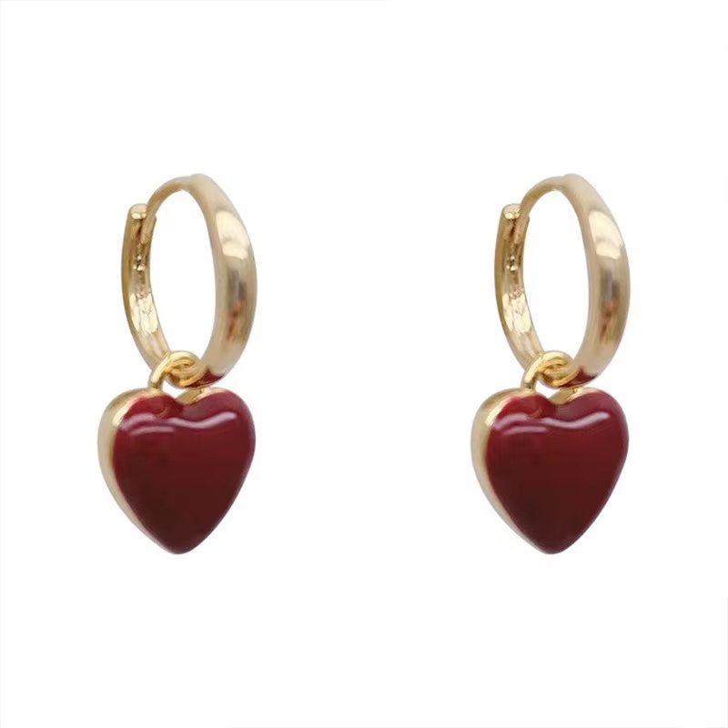 Wine Red Heart Dangle Earrings • Gold Circle Drop • Love Design for Women