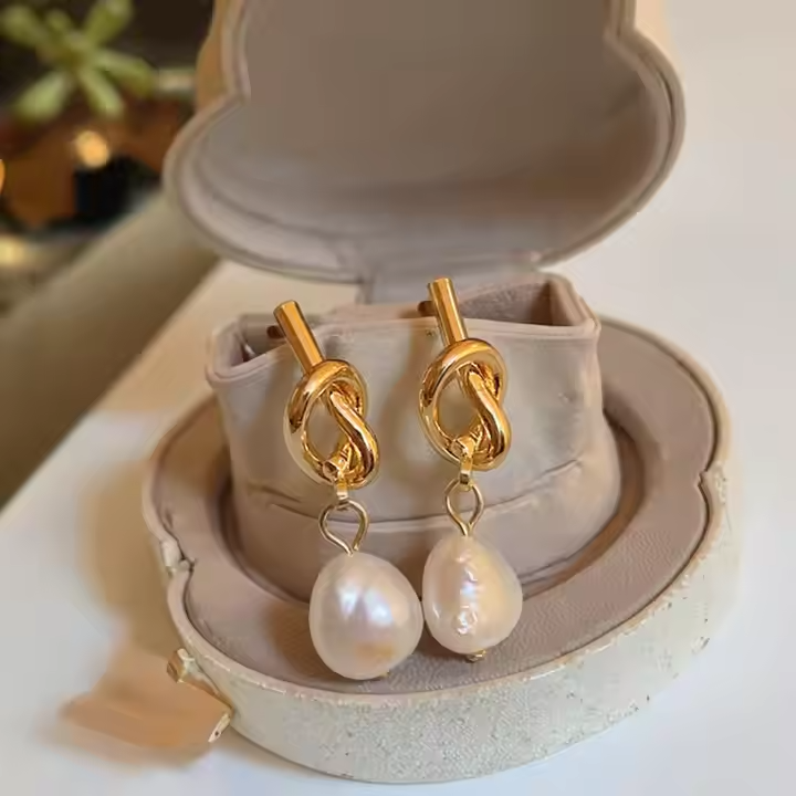 Geometric Knotted Pearl Stud Earrings • Elegant Imitation Pearl Women Jewelry