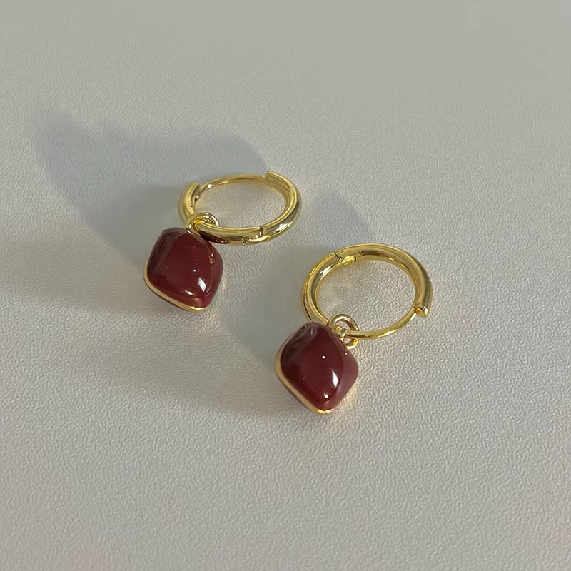 Wine Red Heart Dangle Earrings • Gold Circle Drop • Love Design for Women