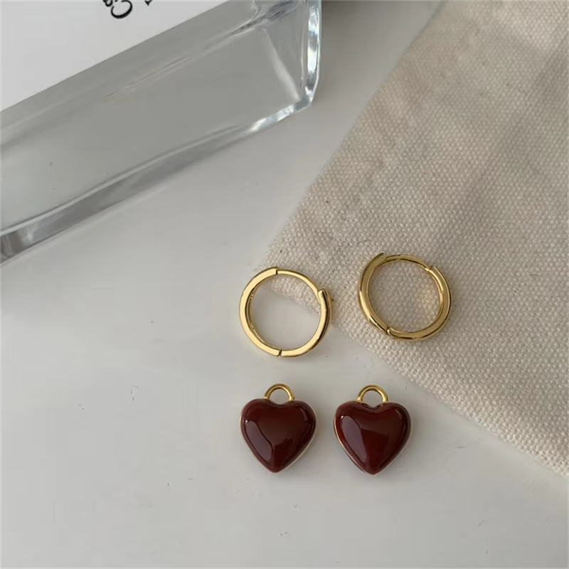Wine Red Heart Dangle Earrings • Gold Circle Drop • Love Design for Women