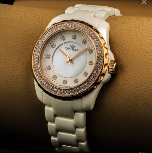 Optima • 38mm • White Ceramic • Swiss Watch • PVD Rose Gold • Mother Of Pearl