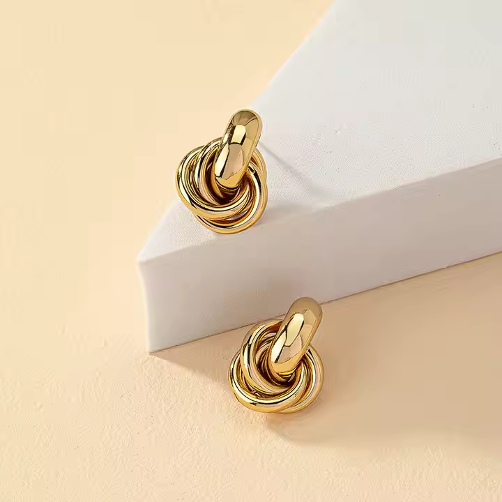 Women 14K Gold Plated Earrings • Multi Layer Twisted Hoop • Geometric Circle