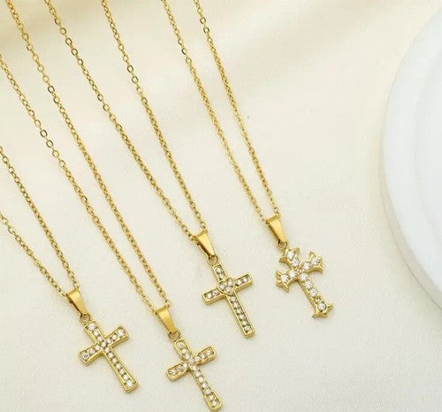 Gold Cross Necklace • Stainless Steel • Zircon • 45cm Chain • Holiday Gift Box
