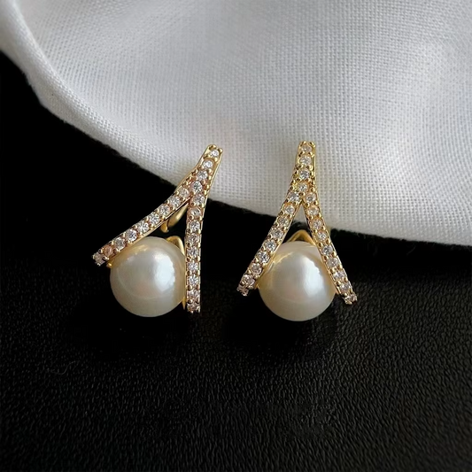 White Imitation Pearl Stud Earrings • Crystal Rhinestone • Women Trendy Jewelry