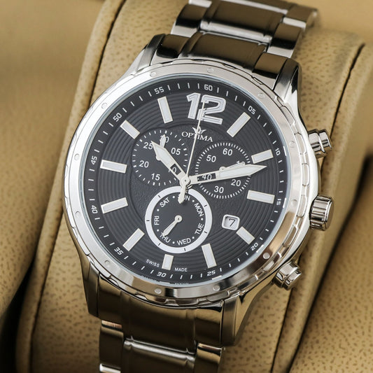 Optima • Swiss Chronograph Watch • Stainless Steel • 44.5mm • Quartz• 5ATM