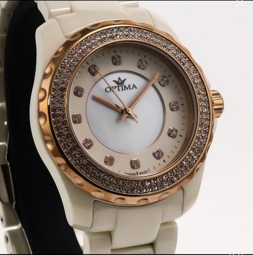 Optima • 38mm • White Ceramic • Swiss Watch • PVD Rose Gold • Mother Of Pearl