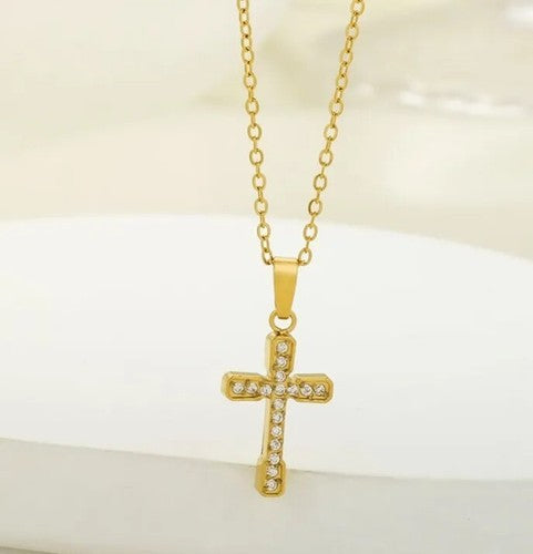 Gold Cross Necklace • Stainless Steel • Zircon • 45cm Chain • Holiday Gift Box