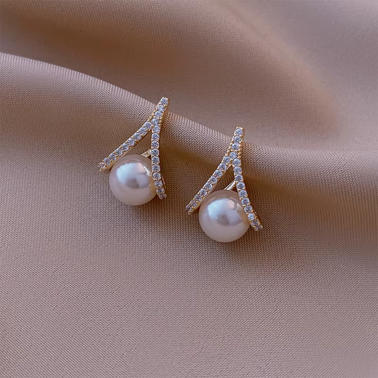 White Imitation Pearl Stud Earrings • Crystal Rhinestone • Women Trendy Jewelry