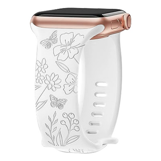 Butterflies & Floral Watch Band • Apple Watch Compatible • Engraved Silicone 