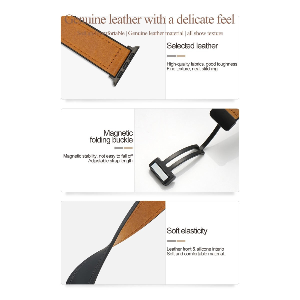 Leather Watch Band • Magnetic Clasp • Apple Watch Compatible • Adjustable 