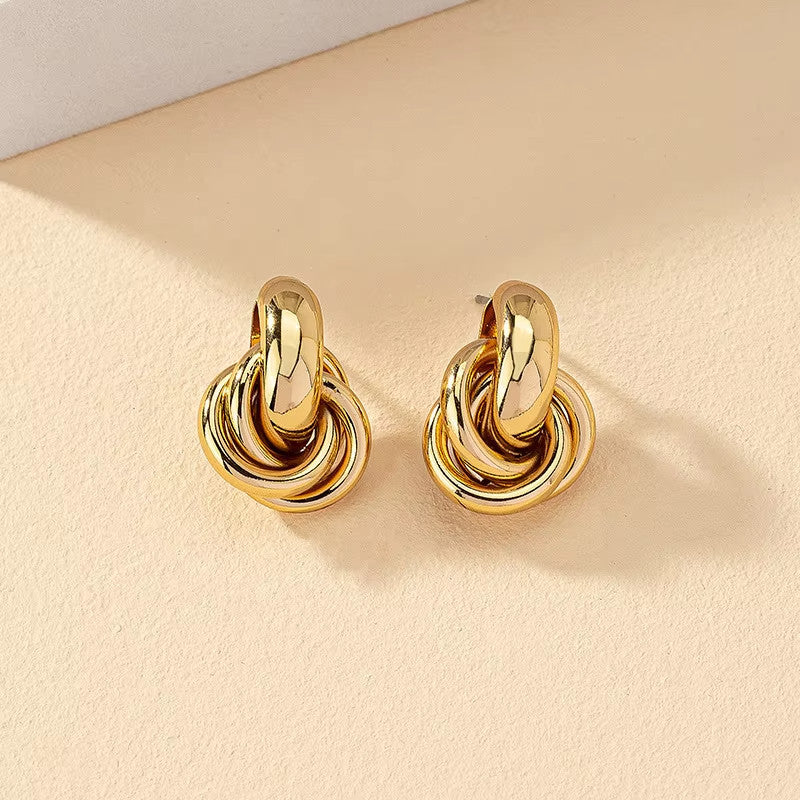 Women 14K Gold Plated Earrings • Multi Layer Twisted Hoop • Geometric Circle - ChronoBling