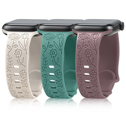 Roses Floral Watch Band • Apple Watch Compatible • Engraved Silicone 