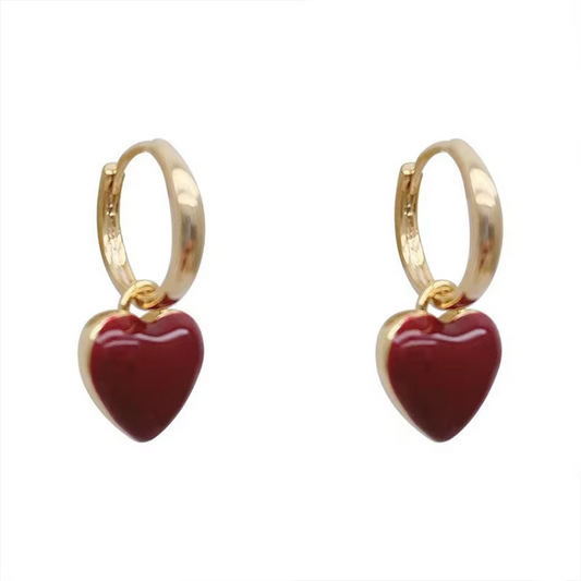 Wine Red Heart Dangle Earrings • Gold Circle Drop • Love Design for Women