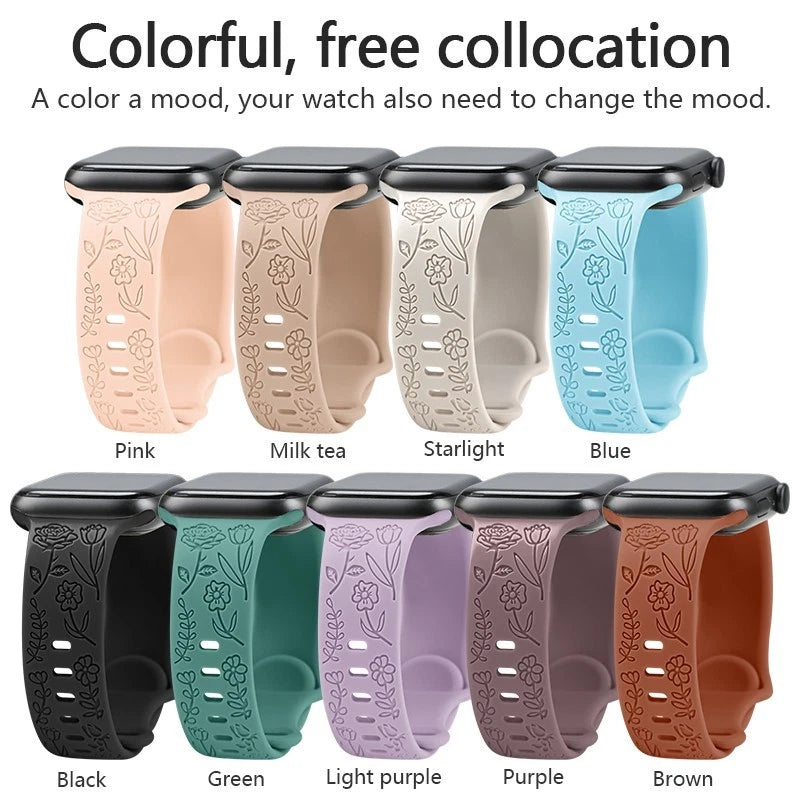 Engraved Roses Band for Apple Watch 38/40/41mm & 42/45/46/49/ Ultra Ailicone
