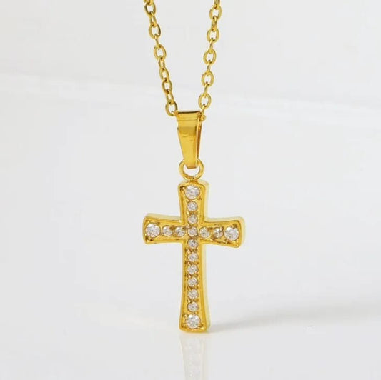 Gold Cross Necklace • Stainless Steel • Zircon • 45cm Chain • Holiday Gift Box