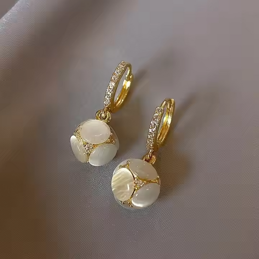 14K Gold Plated Cat Eye Stone Earrings • Women Imitation Pearl Fashion Jewelry