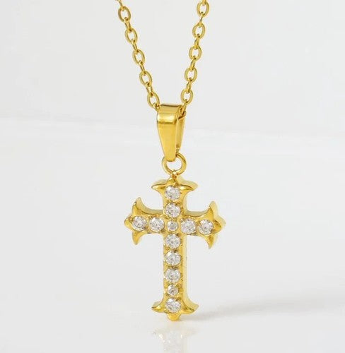 Gold Cross Necklace • Stainless Steel • Zircon • 45cm Chain • Holiday Gift Box