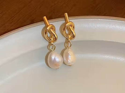 Geometric Knotted Pearl Stud Earrings • Elegant Imitation Pearl Women Jewelry