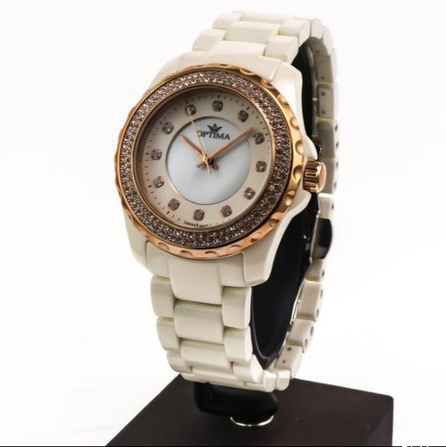 Optima • 38mm • White Ceramic • Swiss Watch • PVD Rose Gold • Mother Of Pearl