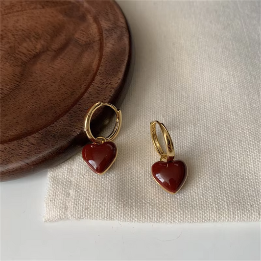 Wine Red Heart Dangle Earrings • Gold Circle Drop • Love Design for Women